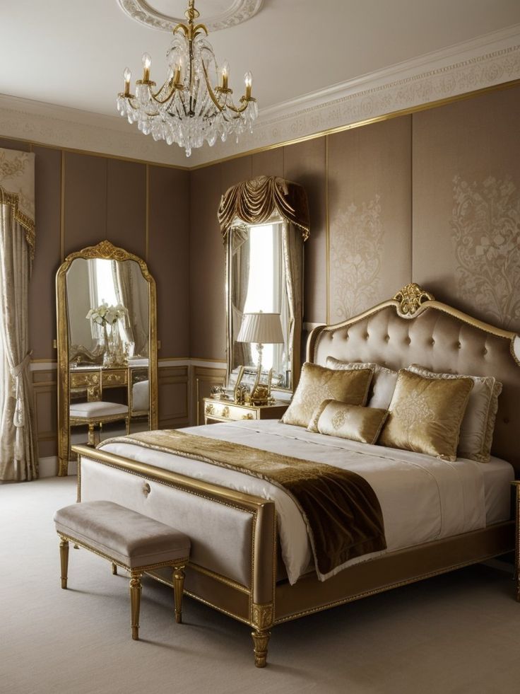 a bed sitting in a bedroom under a chandelier next to a large mirror