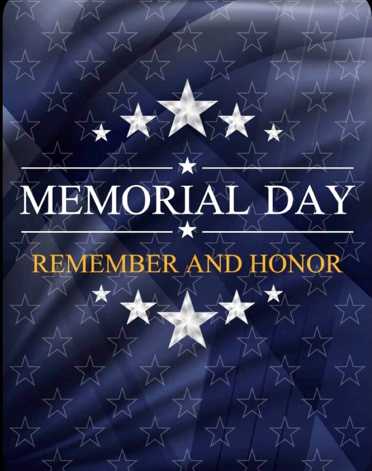 memorial day poster with stars and the words, remember and honor on blue wavy background