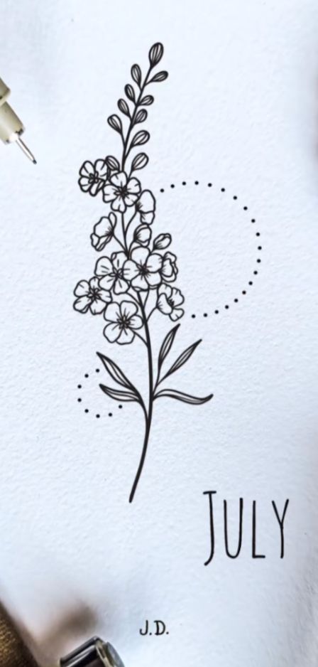 an ink drawing of a flower with the word july written on it next to some scissors