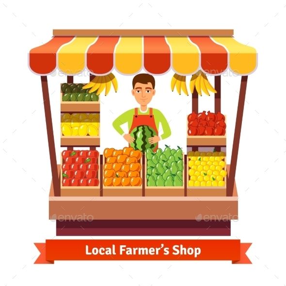 a farmer's shop with fruits and vegetables on the stand in front of it