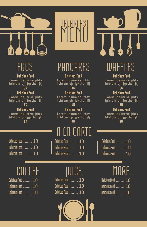 the menu for breakfast is shown with utensils and spoons on it's side