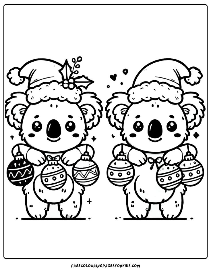 Download our free kids’ colouring page and get your little ones into the fun with our adorable koalas wearing Santa hats and holding Christmas ornaments. Hat Coloring Page, July Coloring Pages, Christmas Koala, Snowflake Images, July Colors, Free Coloring Sheets, Doodles Zentangles, Winter Fun, Christmas In July