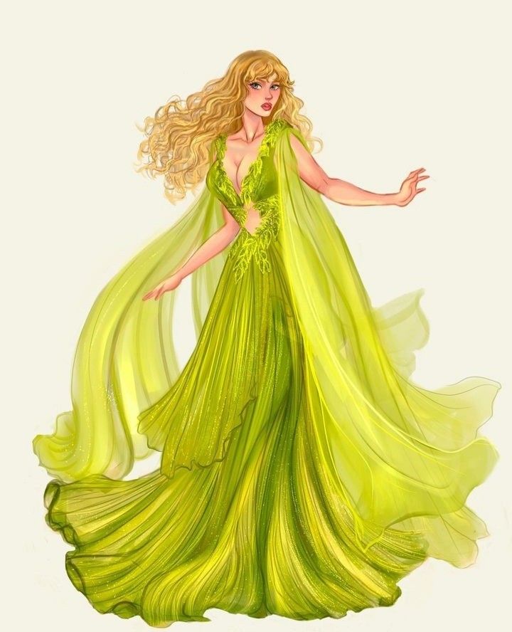 a drawing of a woman in a green dress with long hair and flowing veils