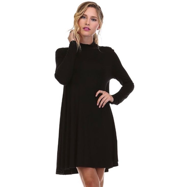 The Little Black Swing Dress - Comfy And Soft! Black Long Sleeve Dress For Night Out In Spring, Casual Black Long Sleeve Dress For Fall, Black Stretch Long Sleeve Dress For Fall, Black Long Sleeve Knee-length Dress For Winter, Black Knee-length Midi Dress For Fall, Black Knee-length Long Sleeve Dress For Winter, Black Knee-length Long Sleeve Winter Dress, Knee-length Black Long Sleeve Winter Dress, Black High-neck Dress For Date Night