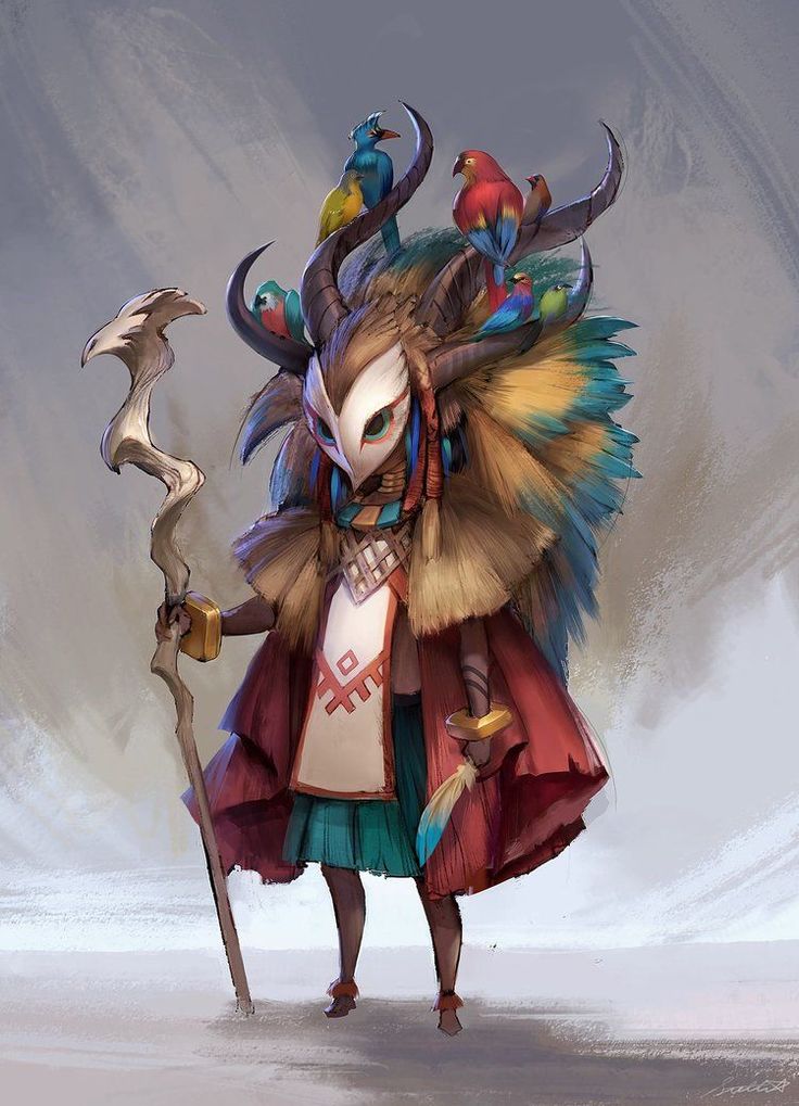 a character with horns and feathers holding a staff