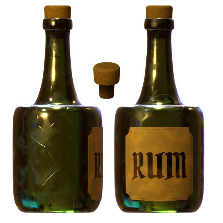 two green bottles with the word rum written on them, one is empty and the other has a cork stopper