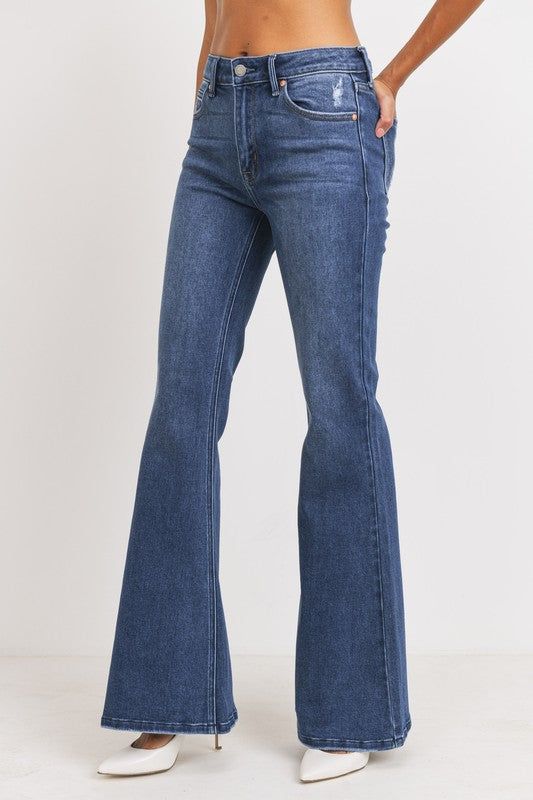 HIGH RISE FULL LENGTH FLARE JEANS IN DARK WASH DENIM 10'' RISE, 32 1/2'' INSEAM, 12'' OPENING Luxury High-waist Dark Wash Flare Jeans, Luxury Dark Wash Modern Flare Jeans, Cheap Dark Wash Mid-rise Flares, Luxury Dark Wash Rigid Denim Flare Jeans, Luxury Dark Wash Mid-rise Flare Jeans, Luxury Modern Dark Wash Flare Jeans, Luxury Full Length Dark Wash Flare Jeans, Luxury Dark Wash Straight Flare Jeans, High Rise Denim Flare Jeans For Fall