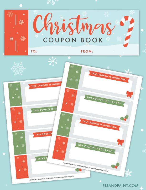 christmas coupon book with candy canes on the side and snowflakes in the background