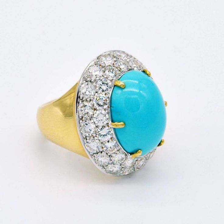 Women's Large Turquoise Diamond Gold Cocktail Ring For Sale Luxury Turquoise Jewelry With Center Stone, Luxury Turquoise Gemstone Ring, Luxury Turquoise Cabochon Ring In Yellow Gold, Luxury Yellow Gold Turquoise Cabochon Ring, Luxury Oval Turquoise Ring, Elegant Turquoise Multi-stone Rings, Luxury Yellow Gold Turquoise Ring For Anniversary, Luxury Turquoise Diamond Ring As Gift, Elegant Turquoise Diamond Ring