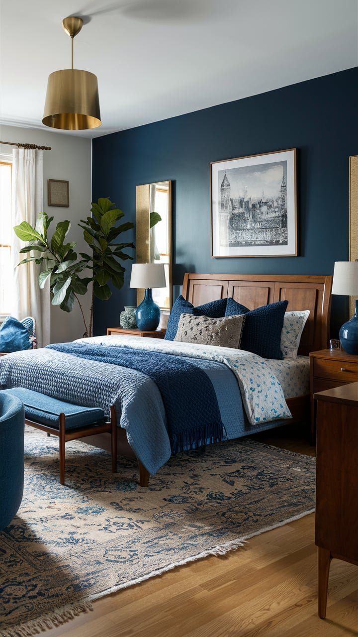 a bed room with a neatly made bed and blue walls