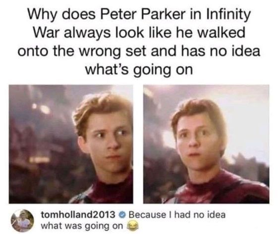 Peter Parker Infinity, Avengers Humor, Funny Marvel Memes, Marvel Avengers Funny, Dc Memes, Avengers Memes, Marvel Jokes, Avengers Funny, Marvel Funny