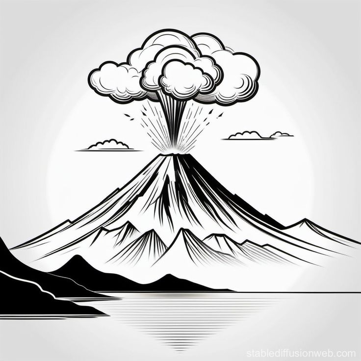 an ink drawing of a volcano in the middle of water with clouds and mountains around it