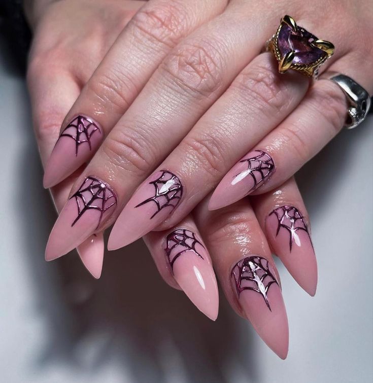 Pink Spiderweb Nails, Trick Or Treat Nails, Pink Spiderweb, Spiderweb Nails, Pink Black Nails, Stilleto Nails Designs, Witchy Nails, Gothic Nails, Goth Nails