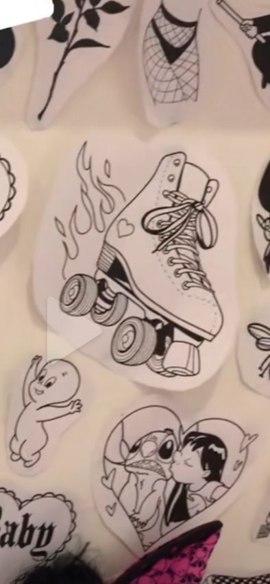 some stickers are on the back of a skateboarder's helmet and shoes