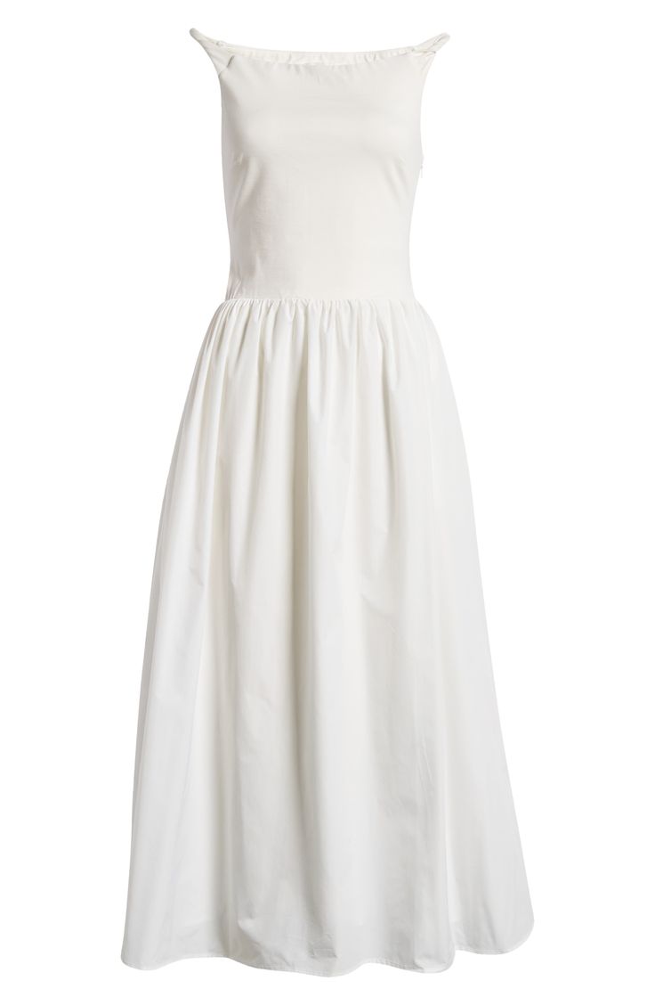 This classically elegant midi is designed in a romantic silhouette with a shoulder-baring neckline and a perfectly flared skirt. Off-the-shoulder neck Lined Sleeveless 90% rayon, 35% nylon, 5% elastane with 100% polyester contrast Dry clean Imported Simple Elegant Whote Dress, Dresses For Confirmation Church, West Side Story White Dress, White Simple Classy Dress, Georgette White Dress, City Hall Dress Wedding, Simple Fancy White Dress, White Midi Dress Simple, Simple White Dress Square Neck