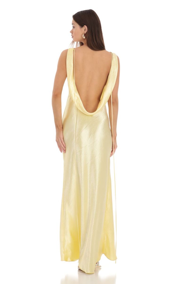 Satin Cowl Neck Maxi Dress in Yellow Yellow Sequin Dress, Prom Dresses Flowy, Yellow Satin Dress, Yellow Formal Dress, Light Yellow Dresses, Satin Ruffle Dress, Cowl Back Dress, Silk Yellow Dress, Cowl Neck Maxi Dress