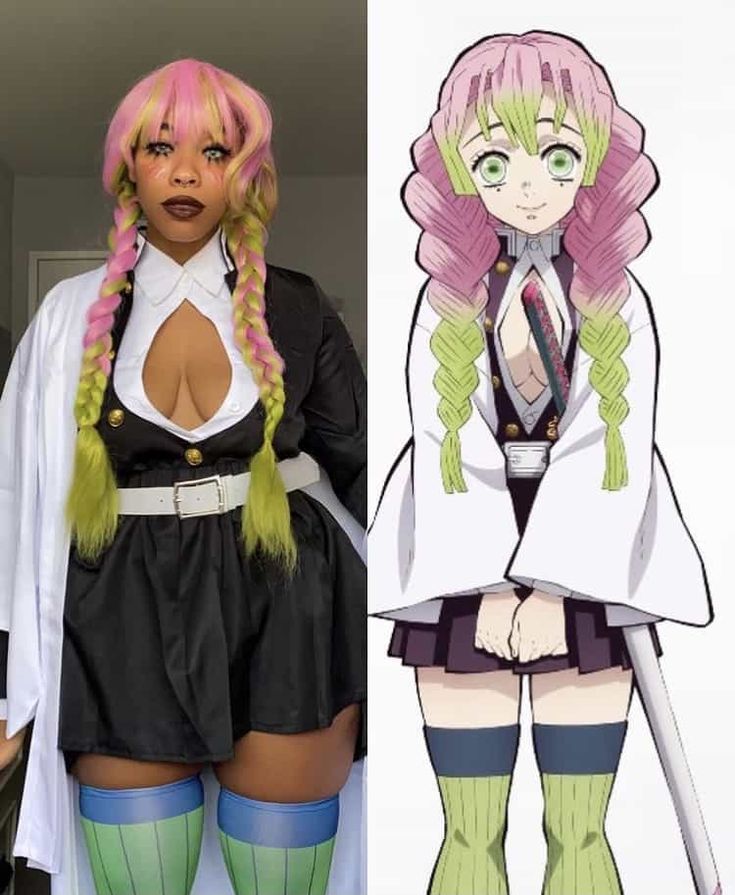 an anime cosplay with pink hair and green eyes, standing next to another character