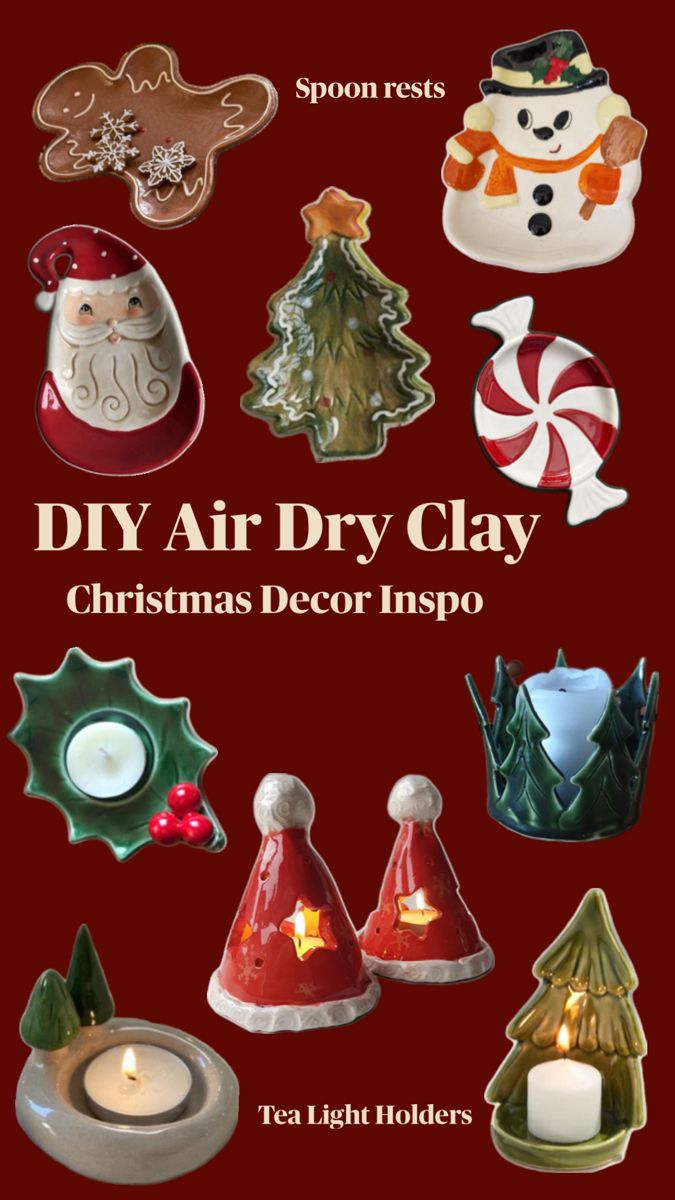 christmas decor items are displayed on a red background with the words diy air dry clay