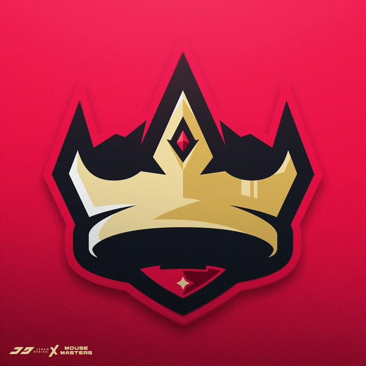 a red and black logo with a crown on the top, in front of a pink background