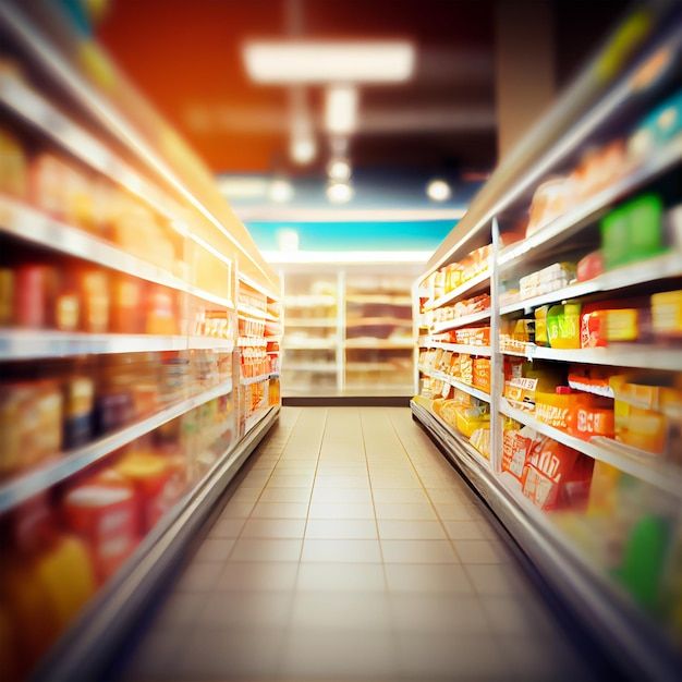 an empty grocery store aisle with shelves full of food