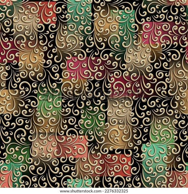 an abstract floral pattern with swirls and curls in brown, pink, green, yellow and blue colors