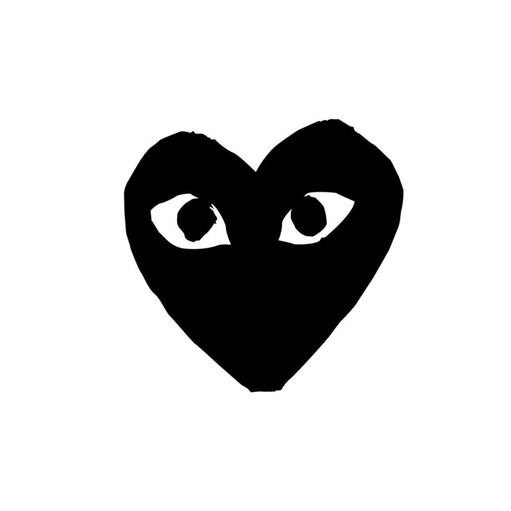 a black heart with eyes drawn on the front and back side, against a white background