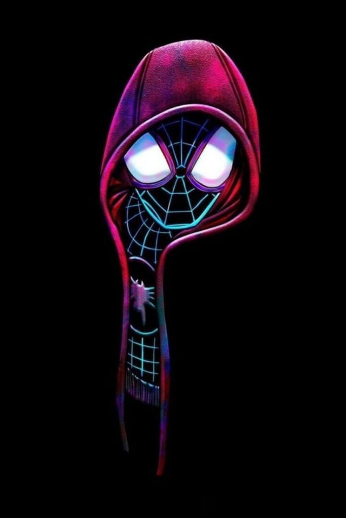 a spider man with glowing eyes and a hoodie