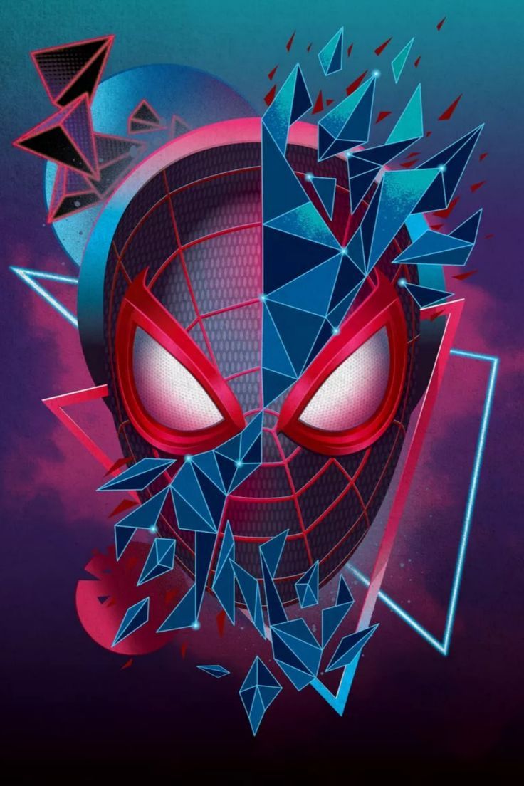 a spiderman mask with red eyes and blue triangles around it's face on a purple background