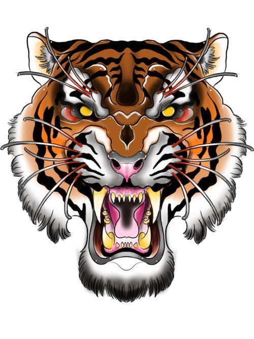 the head of a tiger with an open mouth and sharp fangs on it's face