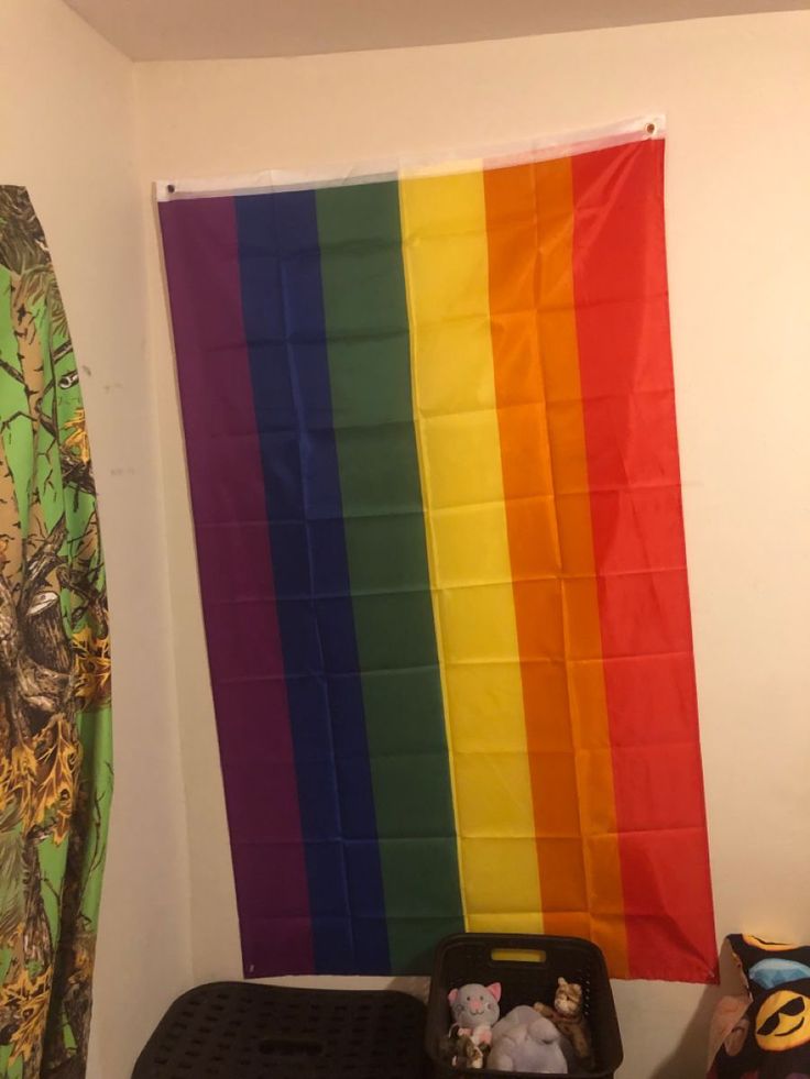 there is a rainbow flag hanging on the wall