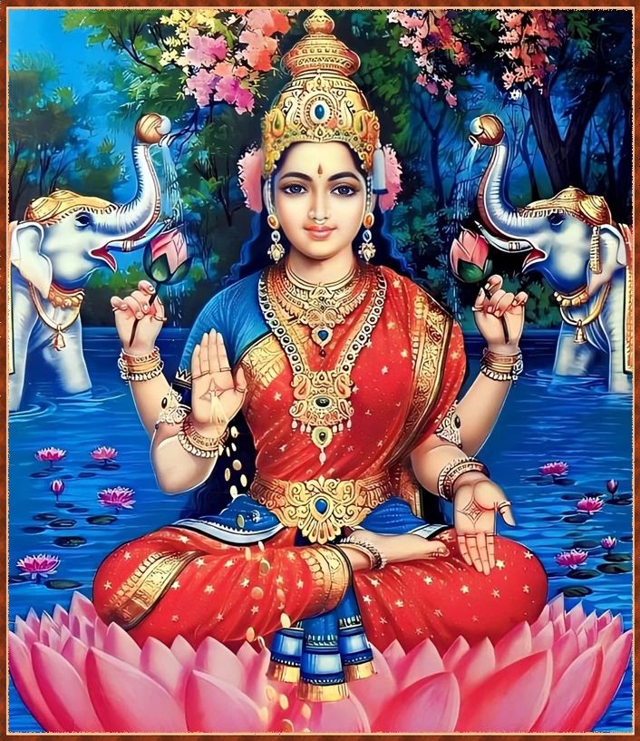 the hindu goddess sitting on top of a pink flower