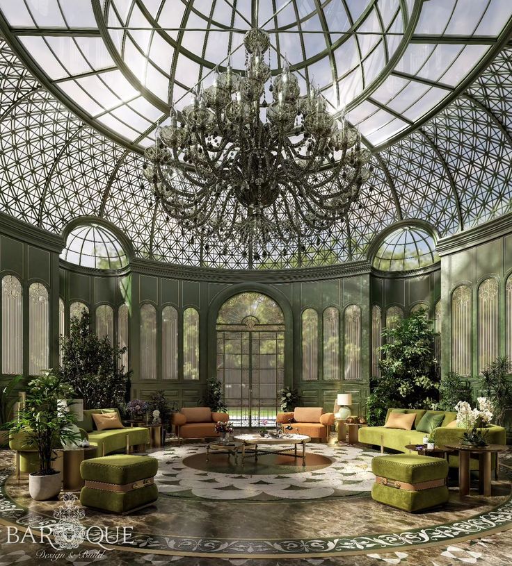 an artistic rendering of a living room with green furniture and chandelier hanging from the ceiling