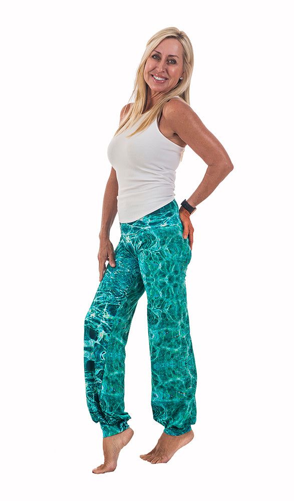 SlipIns Reflections Sand Pants are the jogger style pants you've been yearning for. They are the most comfortable, cutest, pull on style jogger pants that you can wear out for coffee, lunch or even dinner. Put them on when you wake and stay in these beautifully designed, sun protective pants all day! Packed in your suit case, stuffed in your beach bag or, even crammed in your purse these pants don't wrinkle. You won't believe how silky soft these jogger style pants are. Featuring a beautifully d Green Sand, Nothing At All, Sun Shirt, Whale Shark, Cuffed Pants, Story Video, All Or Nothing, Fashion Joggers, Turquoise Water