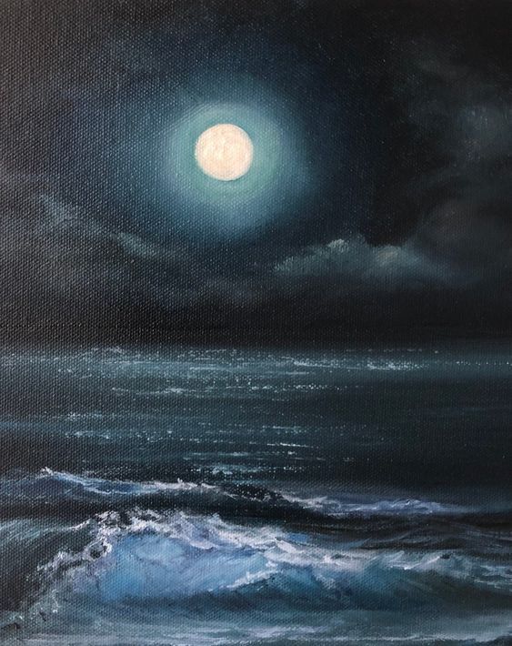 an oil painting of the ocean at night with a full moon in the sky above it