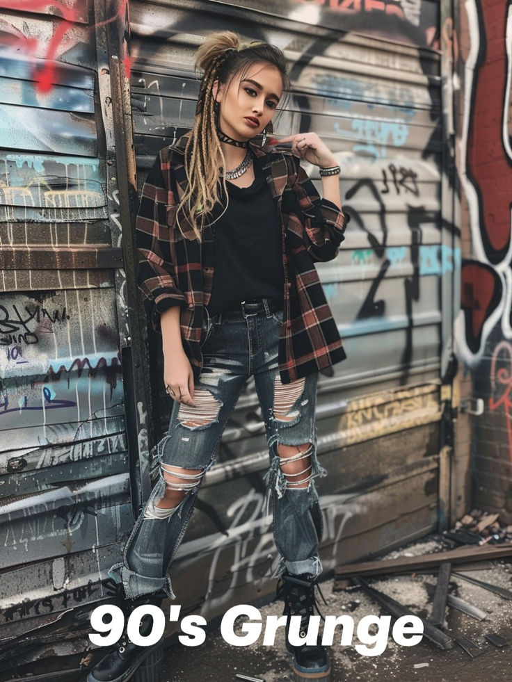 Nail the 90s grunge look with this layered outfit: ripped jeans, a black t-shirt, flannel shirt, and combat boots. Perfect for urban explorers with an edgy style. Goth Flannel Outfit, 90s Punk Fashion Women, 90s Ripped Jeans, Grungy Fall Outfits, 2000s Grunge Outfits, Rocker Chick Outfit, 90s Punk Fashion, Edgy Outfits Grunge, Punk Fashion Women