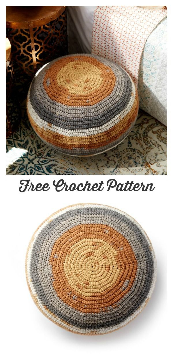 a crochet pattern is shown on top of a round pillow with the words free crochet patterns below it