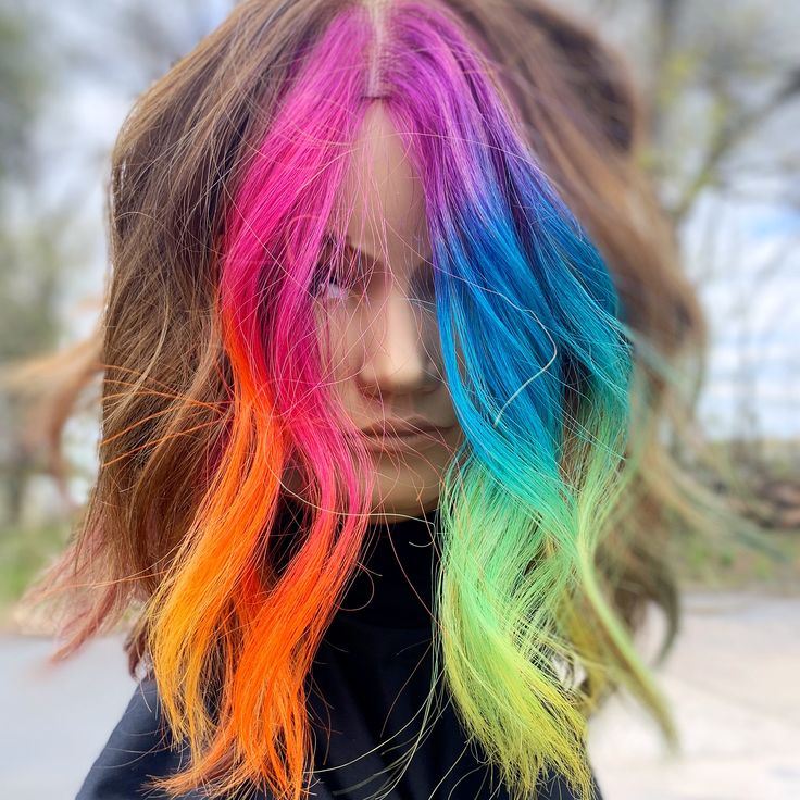 Rainbow Hair Strand, Rainbow Split Dye Hair, Rainbow Roots Hair, Balayage Underlights, Rainbow Money Piece Hair, Rainbow Split Dye, Neon Rainbow Hair, Aesthetic Aurora, Rainbow Dyed Hair