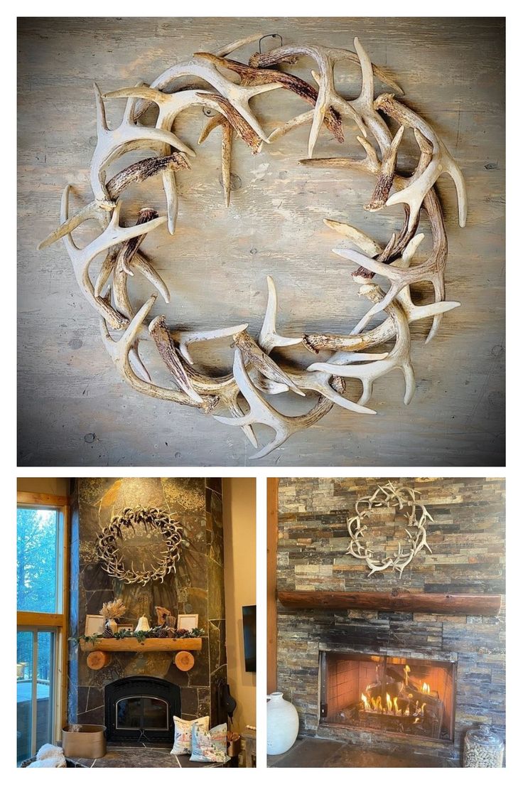 antlers are arranged in the shape of a circle on a wall next to a fireplace