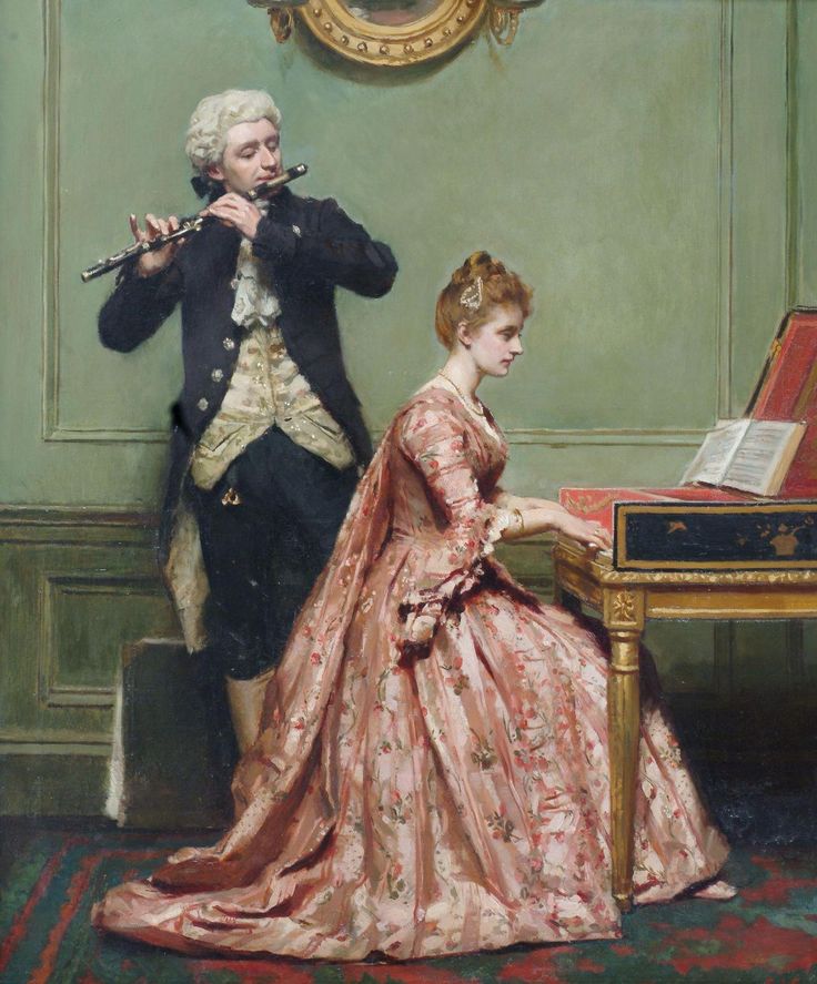 a painting of a man and woman playing music