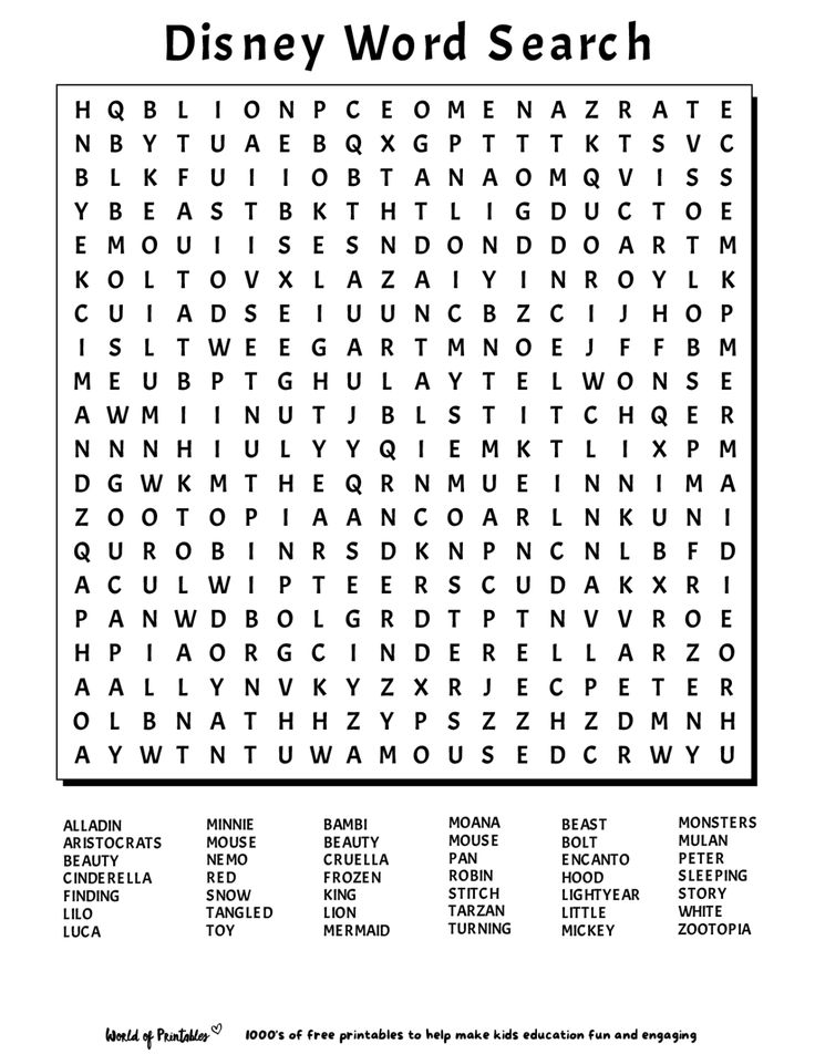 the disney word search is shown in black and white