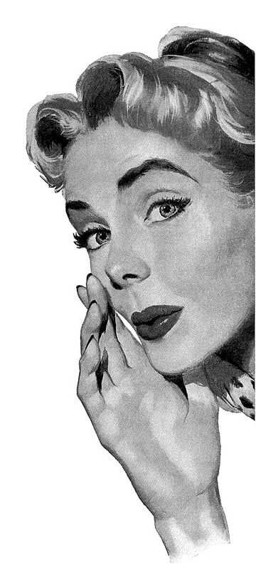 a black and white drawing of a woman holding her hand to her face