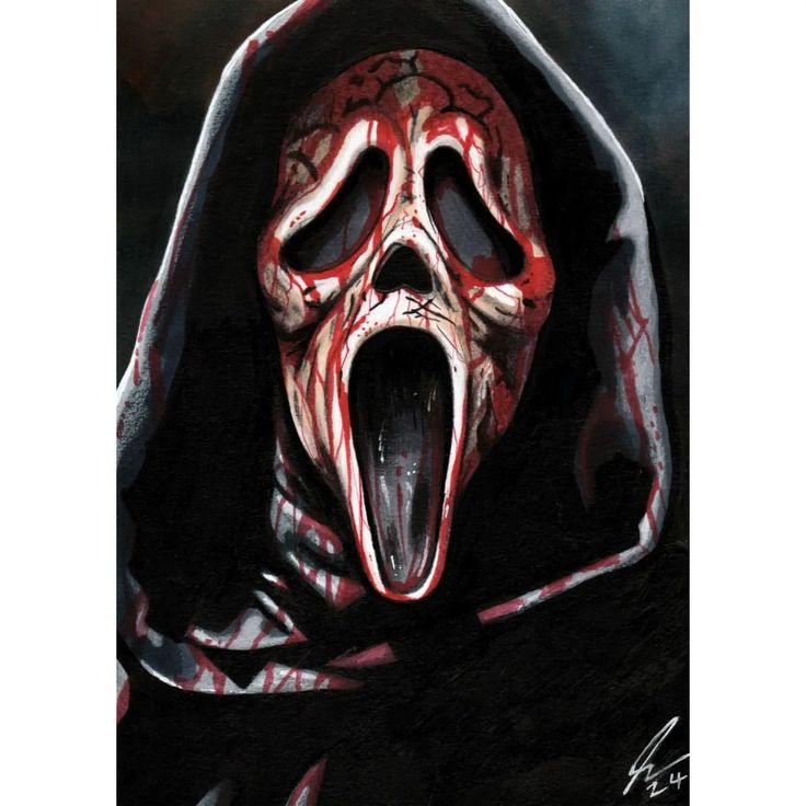 a painting of a person in a hooded costume with their mouth open and teeth wide open