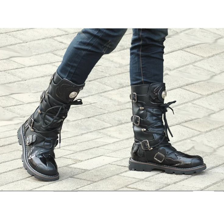 Gothic Punk Boots, Motorcycle Boots, Riding Boots, Knee-High Boots, Lace Up Boots. Genuine Leather Boots. Combat Boots, Biker Boots, Punk Boots, Gothic Boots. Black Men's Boots. Get ready to hit the road with these Funki Buys combat motorcycle boots! Made of real leather and designed with a round toe and low chunky heel, these boots are perfect for any season - from punk rock to winter wonderland. Plus, they're handcrafted for that extra touch of unique style. Don't forget to lace them up for th Black Lace-up Combat Boots With Rivets, Black Knee-high Moto Boots For Winter, Punk Style Leather Knee-high Lace-up Boots, Punk Style Knee-high Leather Lace-up Boots, Edgy High Ankle Lace-up Boots For Outdoor, Alternative Style Black Boots With Round Toe, Black Round Toe Alternative Boots, Gothic Black Martin Boots With Round Toe, Black Gothic Martin Boots With Round Toe