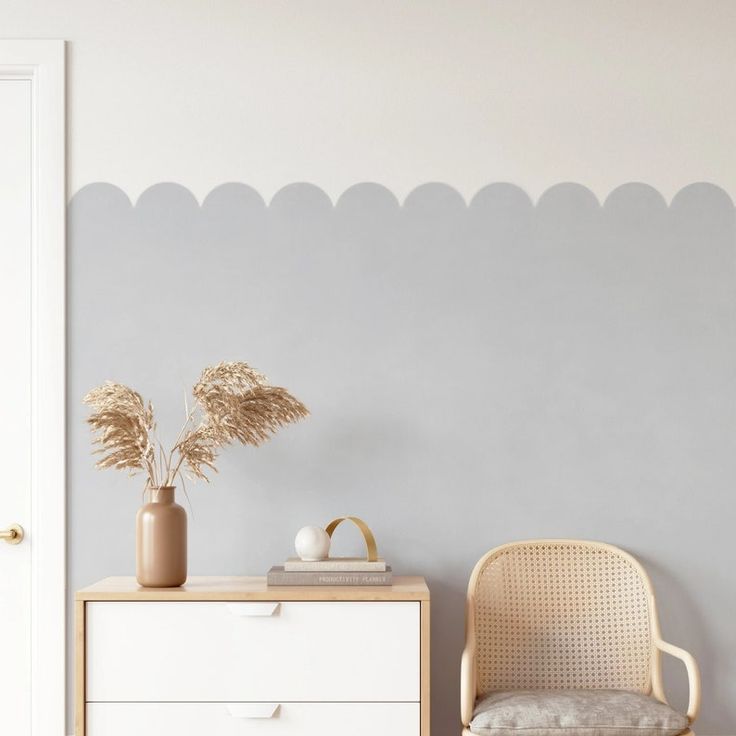 a white dresser and chair in a room