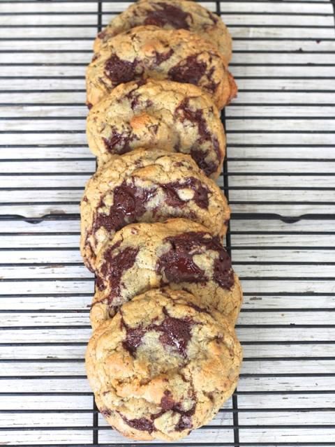 chocolate chip cookies cooling on a wire rack