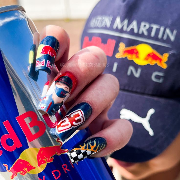 Formula 1 Nail Art / nailart / F1 Formula One Nail Art, F1 Nails Mercedes, Red Bull Nails F1, F1 Nails Designs Red Bull, Formula 1 Nails Designs, Max Verstappen Nails, Red Bull Nails, F1 Inspired Nails, Formula One Nails