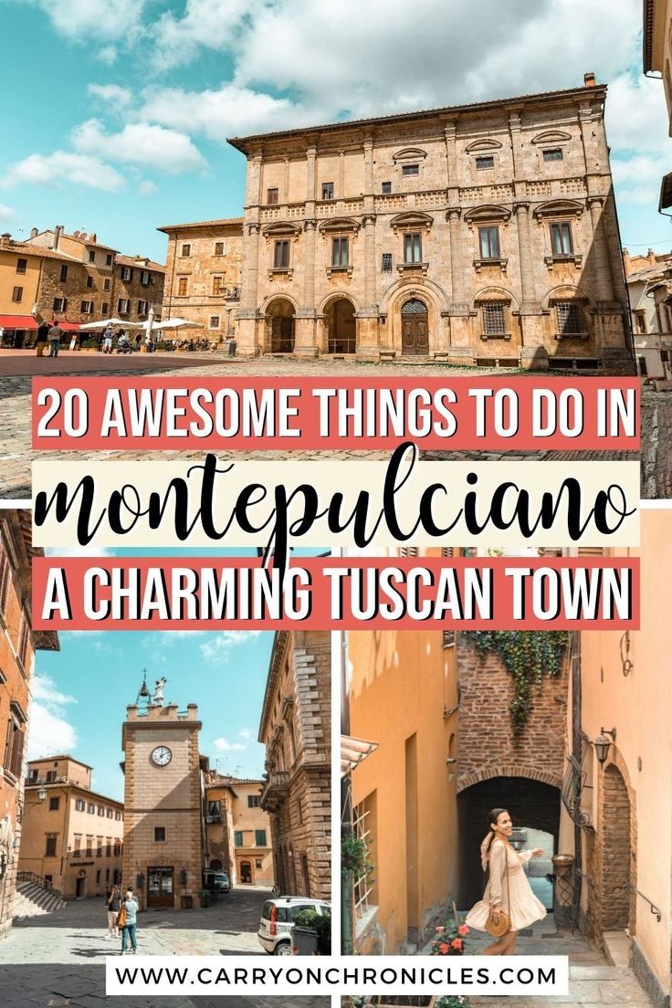 an old town with the words 20 awesome things to do in montepulcano, a charming tuscan town