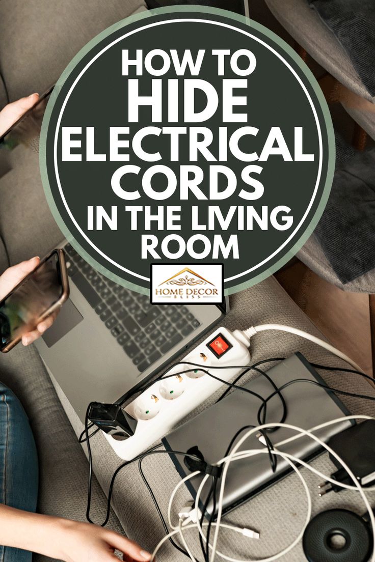 a woman sitting in front of a laptop computer with the title how to hide electrical cords in the living room