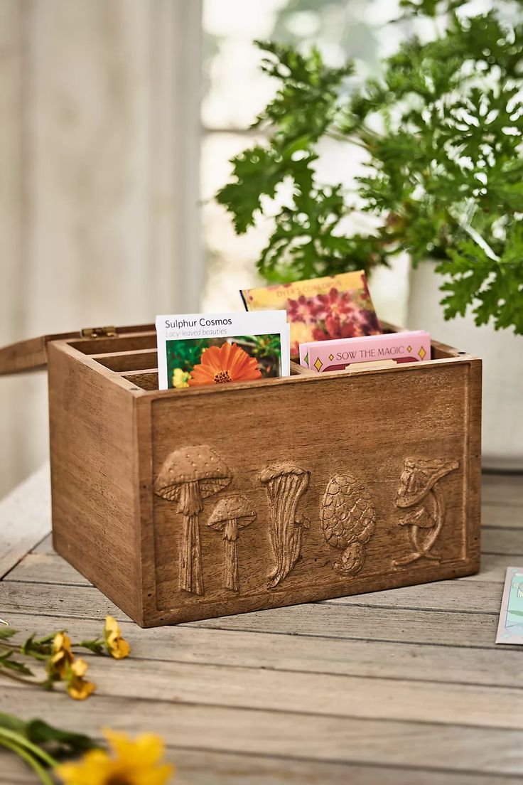 a wooden box filled with books on top of a table next to a potted plant