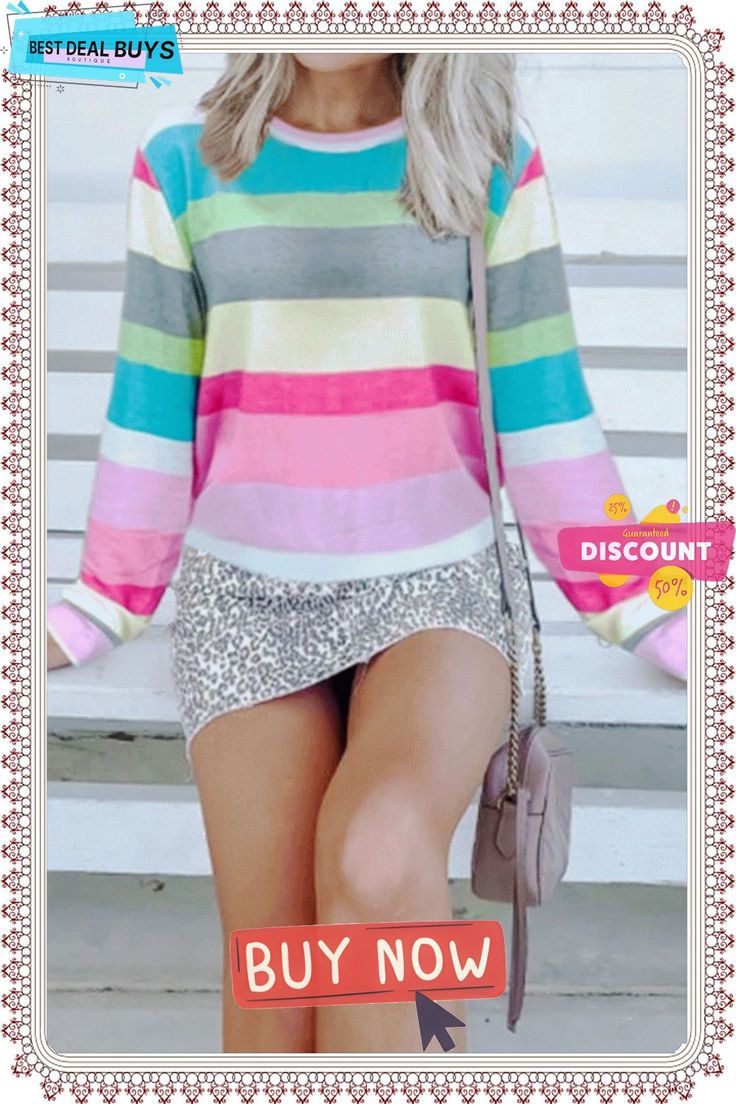 Rainbow Striped Top T-shirt Long Sleeve Color Block T-shirt For Summer, Stretch Summer T-shirt, Trendy Striped Crew Neck Top, Casual Stretch Color Block Tops, Casual Summer T-shirt, Multicolor Stretch T-shirt For Fall, Trendy Multicolor Crew Neck Top, Green Color Block Top For Spring, Multicolor Crew Neck T-shirt For Spring